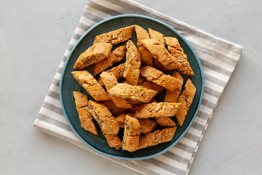 Homemade Chocolate Cantucci Pastry on a Plate, top view.