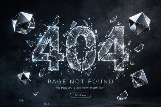 Cracked Glass 404 Page Not Found Error Message with Geometric Shapes.