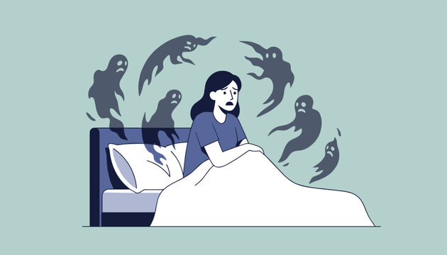 Terrified woman sitting in bed while suffering from nightmares and surrounded by spooky ghost figures at night.