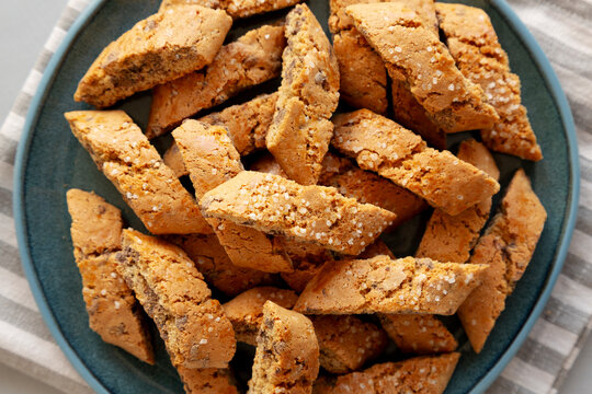 Homemade Chocolate Cantucci Pastry on a Plate, top view. Close-up.