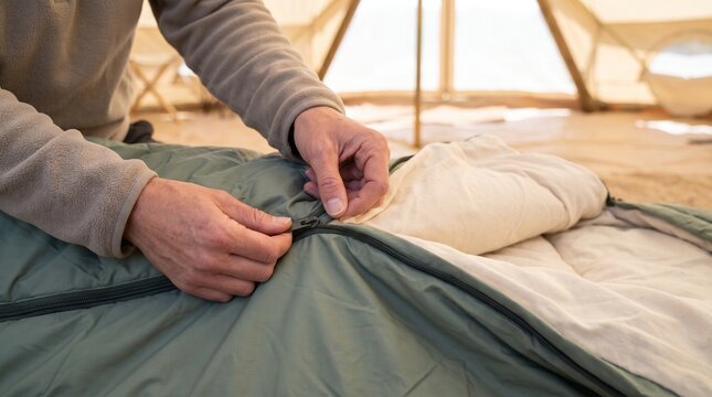 Man zipping up green sleeping bag inside cozy glamping tent.