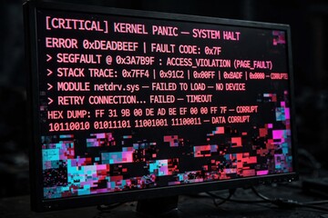 Fototapeta premium Computer Screen Displaying Critical Kernel Panic Error Message.