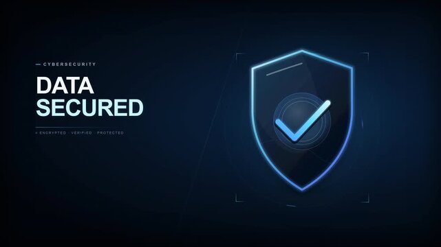Cybersecurity data secured shield animation with encrypted checkmark.