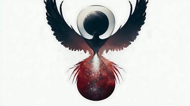 Prompt: A breathtaking double exposure fine-art portrait. A crisp black silhouette of a phoenix is double-exposed with a surreal landscape of an hourglass where the top bulb holds a dark planet 