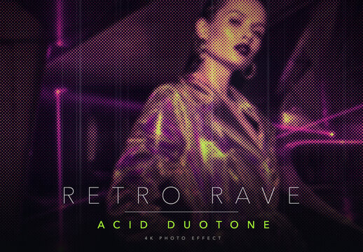 Acid Duotone Retro Rave Halftone Photo Effect Template - Vintage 90s Posterized Magenta Green Print Dot Flyer Look