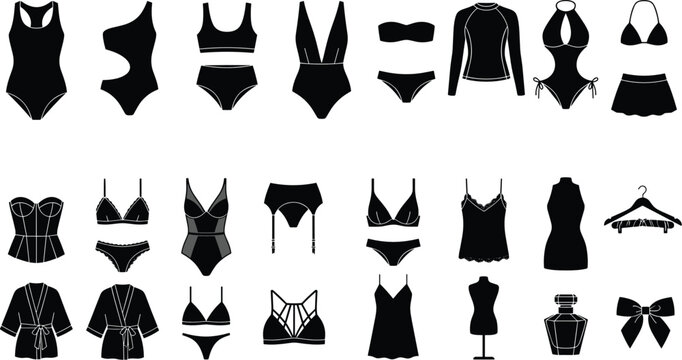 Women's Fashion Clothing Collection with Swimwear, Lingerie, Dresses, Robes, Tops, and Apparel Silhouette Vector Icon Set