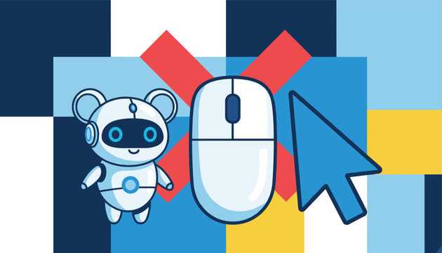 Cyber security concept shows a robot mascot and a computer mouse with a red cancel mark, indicating anti-bot protection.