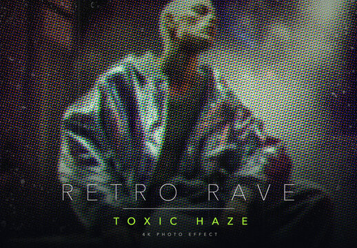 Acid Green Grunge Retro Rave Halftone Photo Effect Template - Vintage 90s Toxic VHS Ghost CMYK Print Dot Poster Look