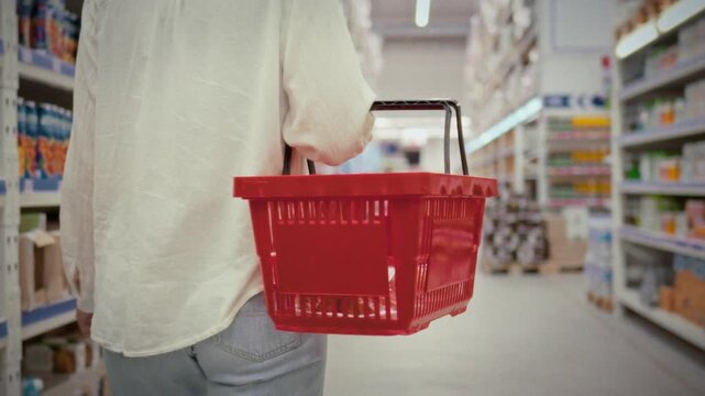A young woman walks through a grocery store with a red basket choosing food products from large shelves filled with a wide variety of goods during a shopping trip