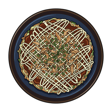 Close Up Overhead View of Delicious Okonomiyaki Savory Pancake Topped with Mayonnaise and Green Onions Isolated on Black Background