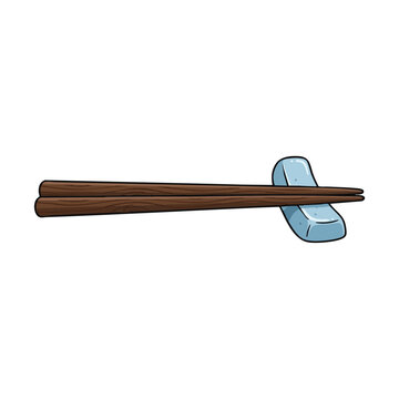 Close Up View of Wooden Chopsticks Resting on a Light Blue Chopstick Holder on a White Background