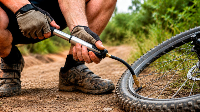 Man cyclist pumping bicycle tire on trail. Repairing mountain bike wheel using hand pump during outdoor ride. Sport activity, equipment maintenance and cycling adventure preparation concept.