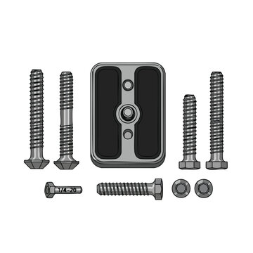 Collection of Assorted Metal Fasteners Including Screws and Bolts with a Central Rectangular Plate Against a White Background