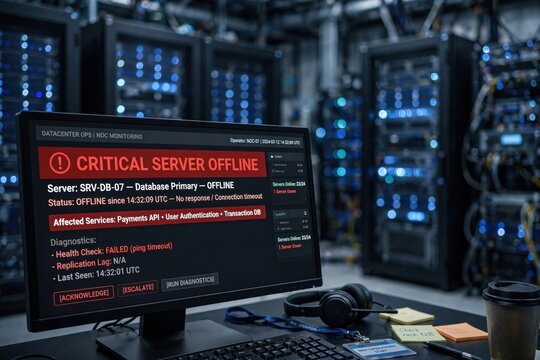 Computer Monitor Displays Critical Server Offline Alert in Data Center.