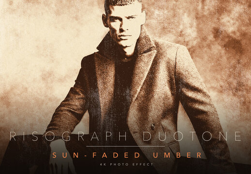 Sun-Faded Vintage Risograph Duotone Photo Effect Template - Retro Umber Terracotta Ink Riso Print Line Halftone Grain Aged Zine Look