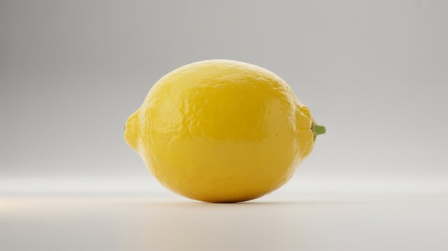 A single whole yellow lemon with a green stem nub sitting on a light grey studio surface... fruit