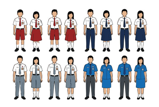 Collection of Diverse Indonesian School Uniforms and Student Outfits Depicting Various Educational Levels and Roles
