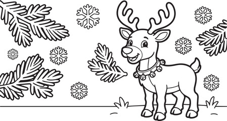 Obraz premium Cute Reindeer with Jingle Bell Collar in Winter Forest Christmas Coloring Page for Kids