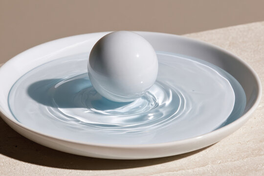 A beautiful blue sphere gently disturbs the smooth paint surface, creating elegant ripples that symbolize fluidity and the interplay of art and nature in a serene setting.