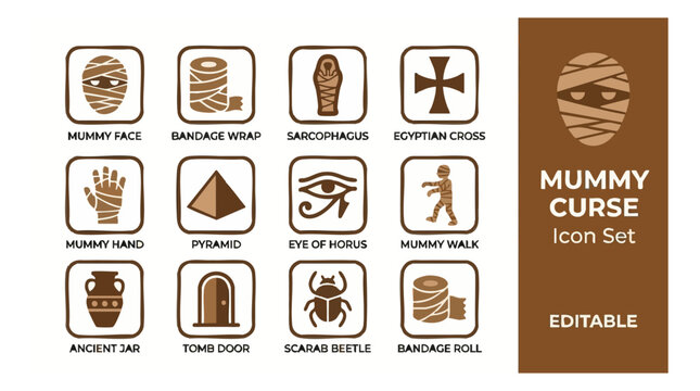 Collection of Egyptian Hieroglyphs and Mummy Icons with Editable Text Element Featuring Hieroglyphic Symbols and Mummy Iconography