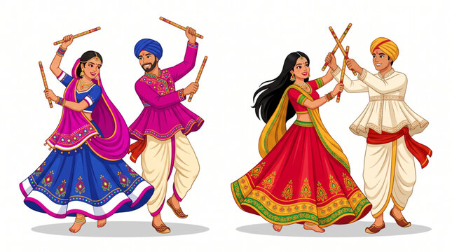 Traditional Garba and Dandiya Dance Couples in Colorful Indian Attire Isolated on White Background Festival Illustration