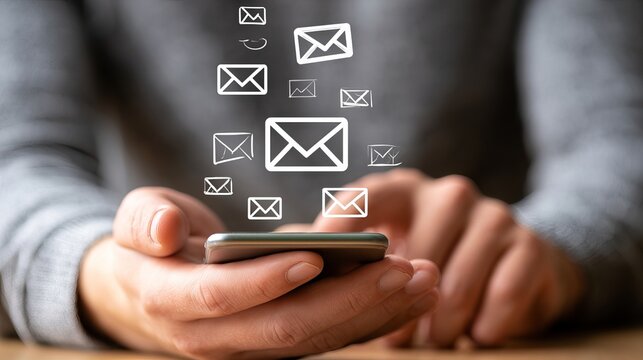 Professional hands sending digital messages via smartphone with animated email icons floating above glowing digital communication interface