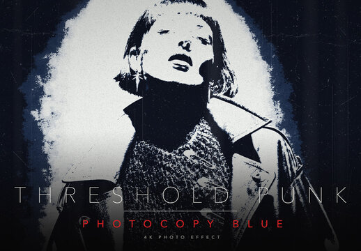 Vintage Punk Poster Photo Effect Template - Blue Photocopy Duotone Print, Retro Line Halftone Misprint Distressed Grunge Zine Look