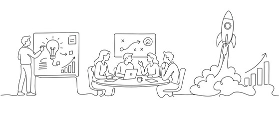 Obraz premium Continuous line drawing of business team brainstorming, planning, and launching a project concept of startup development, strategy, innovation, and growth