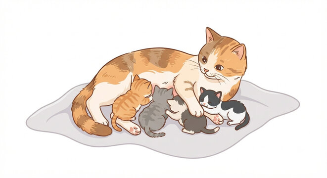 Calico Mother Cat Nursing Her Four Mixed-Color Kittens on a Blanket