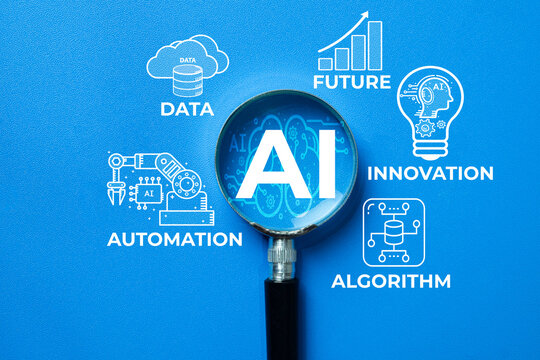 Artificial intelligence and machine learning concept. Magnifying glass focusing on AI text with icons of data, future, innovation, algorithm, and automation on a blue background.