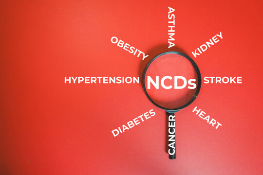 on-communicable diseases or NCDs healthcare concept. Magnifying glass focusing on NCDs text surrounded by chronic illness terms like diabetes, cancer and stroke on a red background.