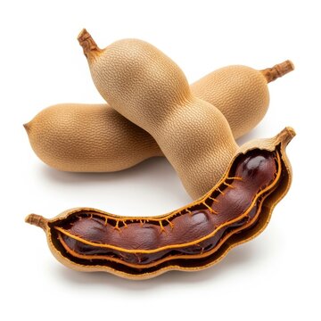 Fresh Ripe Tamarind Pods Displaying Intricate Inner Texture and Seeds Isolated on White