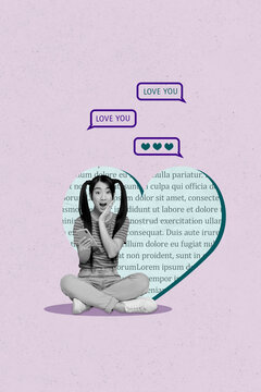 Composite zine pop trend collage of happy girl guy stand colorful bubble communication speech chatterbox notification cloud