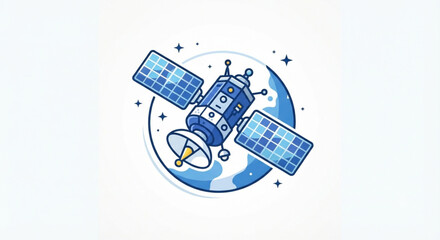 Cute Cartoon Satellite Orbiting Earth Vector Illustration © Reni