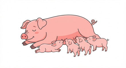 Cute Cartoon Mother Pig Nursing Four Piglets Isolated On White © Reni