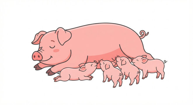 Cute Cartoon Mother Pig Nursing Four Piglets Isolated On White