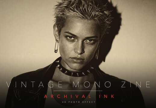Vintage Mono Zine Photo Effect Template - Retro Archival Ink Halftone Print, Black Ink on Aged Cream Paper, Monochrome Duotone 70s Editorial Look