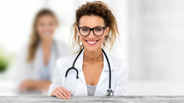 Tracking dolly push in shot of female doctor smiling and leaning on desk with stethoscope in bright white medical clinic reception during daytime, colleague blurred in background