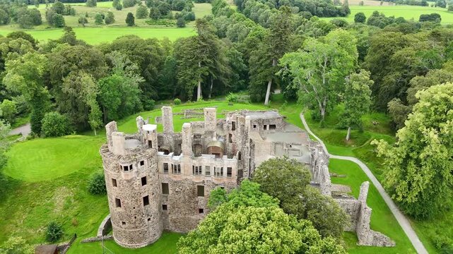 Historic Huntly Castle in Aberdeenshire Scotland, Magnificent 12th Century Ruins of the Gordon Clan, Professional Aerial Drone Video
