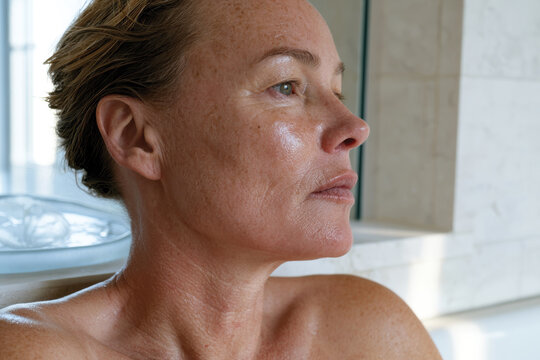 A thoughtful profile of a woman with fresh skin after a face cleansing routine, depicting the essence of rejuvenation and self-care in a serene environment.