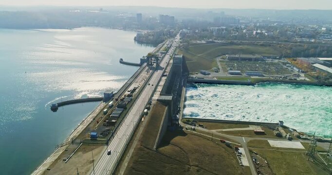 Aerial Drone Footage, Giant Dam on Angara River. Water Dam and Reservoir Lake Generating Hydro Electricity Power Renewable Energy. Hydroelectric Power Plant, Hydro Energy. High Quality 4k