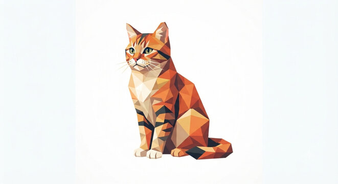 Geometric Polygonal Orange Tabby Cat Sitting Isolated on White Background