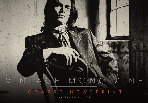 Vintage Mono Zine Photo Effect Template - Coarse Newsprint Halftone Print, Distressed Photocopy Press Look, High Contrast Retro Newspaper Grain