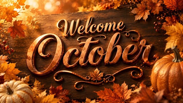 Welcome October autumn greeting on rustic wood, seasonal fall background with pumpkins and maple leaves, warm golden harvest celebration banner