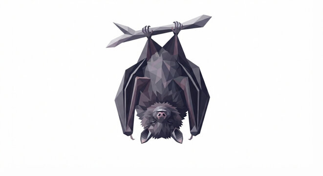 Polygonal Low Poly Hanging Bat Illustration Isolated on White