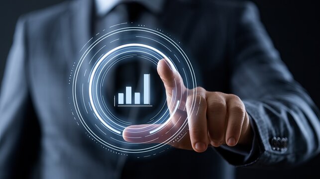 Professional executive interacting with futuristic digital analytics dashboard through glowing circular interface while analyzing business performance metrics in a sleek office environment