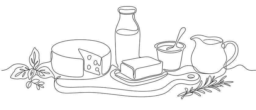 Continuous one line drawing of dairy products set cheese, milk bottle, butter, yogurt and cream pitcher on wooden board vector illustration