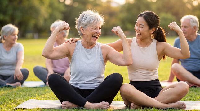 Group of women practicing yoga outdoors, smiling and flexing muscles on mats in a park during a sunny day