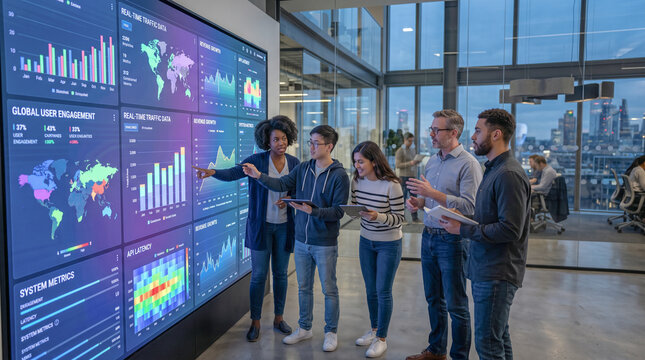 Diverse team of software engineers analyzing data visualizations on a massive smart wall
