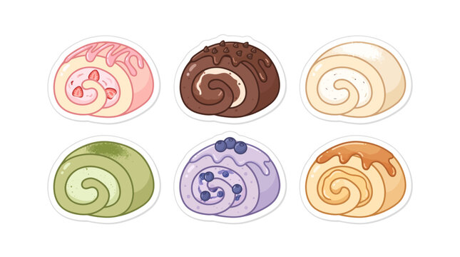 Assorted sweet swiss cake roll sticker icons in various flavors set